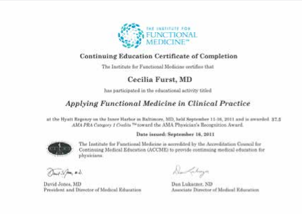 Continuing Education Certificate — The Institute for Functional Medicine, Cecilia Fürst MD