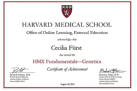 Certificate of Achievement, HMX Fundamentals: Genetics — Harvard Medical School, Cecilia Fürst