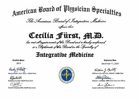 Diplomate in Integrative Medicine — American Board of Physician Specialties, Cecilia Fürst M.D.
